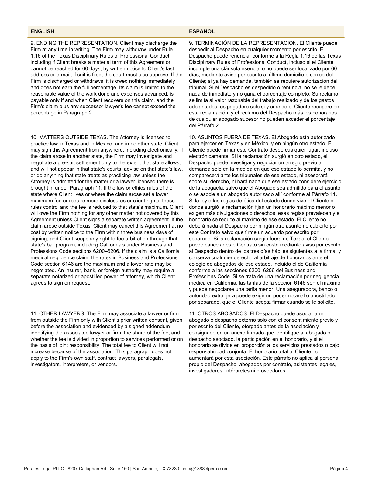Página 4 del contrato de representación bilingüe